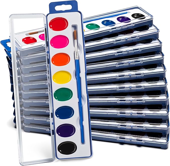 Bedwina Watercolor Paint Set- Bulk Of 24 Sets - 8 Water Color Washable Paints, Palette Tray and Painting Brush, for Art Schools and Paint Party Supplies-CubbioJoy