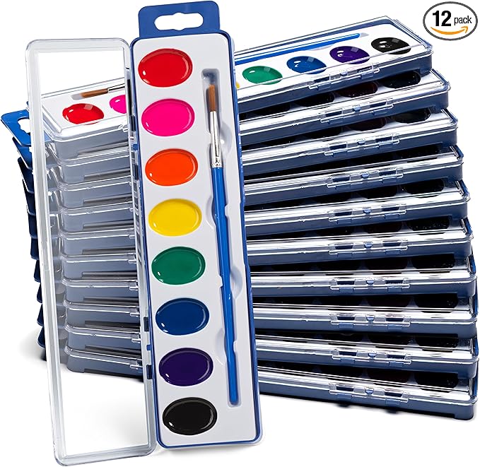 Bedwina Watercolor Paint Sets for Kids - Bulk Pack of 12, 8 Washable Water Color Paints in Palette Tray and Painting Brush for Coloring, Art, Classrooms and Paint Party Supplies-CubbioJoy