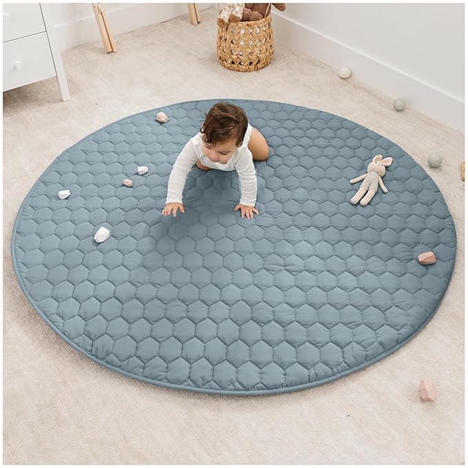 Comfy Cubs Round Kids Play Mat - Large 60 inches Soft Quilted Baby Floor Mat with Non-Slip Bottom - Plush Design for Toddlers' Playtime and Relaxation - Comfortable and Durable - Pacific Blue-CubbioJoy
