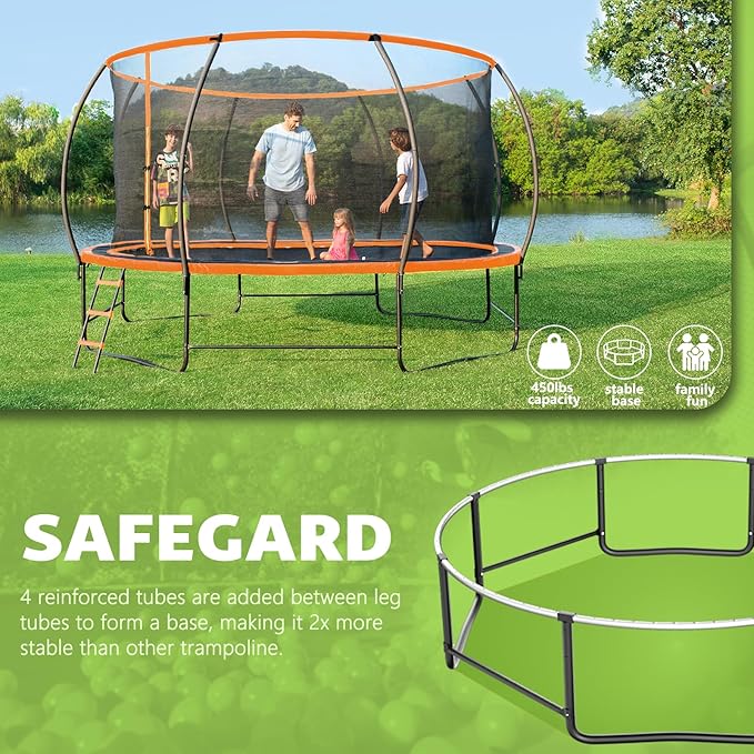 14FT 12FT 10FT 16FT Trampoline with Safety Enclosure, Anti-Rust Coating – ASTM Certified, Heavy-Duty Outdoor Trampoline with Ladder – for Kids & Adults-CubbioJoy