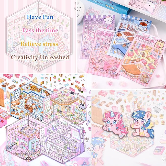 DIY 3D Sticker Scene 4 Sets of Reuseable and Waterproof Stickers Make Your Own Shop Scenes Sticker Cute Miniature Cartoon Stickers for Kids Adult-CubbioJoy