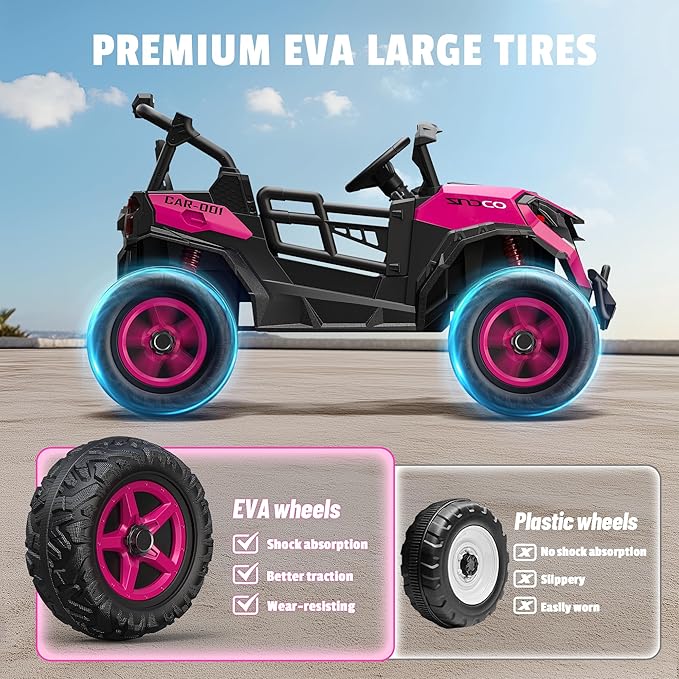 24V 2 Seater Ride on Car Truck, 4x200W, EVA Tires, 4WD/2WD, Rainbow Lights, Remote Control, Shock Absorbers, Bluetooth, Ride On UTV Toy for Kids Ages 3-8, Pink-CubbioJoy