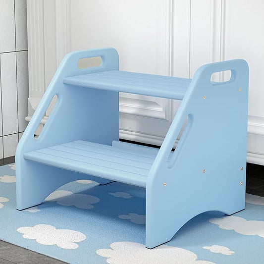 AMBIRD Wooden Step Stool, Two Step Stools 300 lbs Capacity with Safety Non-Slip Pads and Handles, Bamboo Step Stool for Bathroom, Kitchen Dual Height Step Stools for Kids (Sky Blue)-CubbioJoy