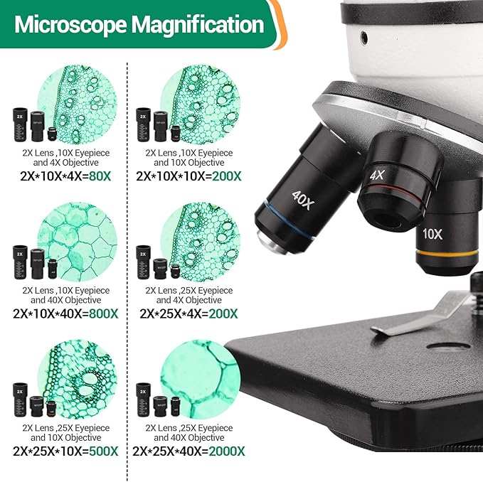 BNISE Microscope kit for Kids Adults Students, 40X-2000X Magnification, Prepared Slides Kit, Dual LED Illumination, All Glass Optics, and Cordless Capability for Children Beginner-CubbioJoy