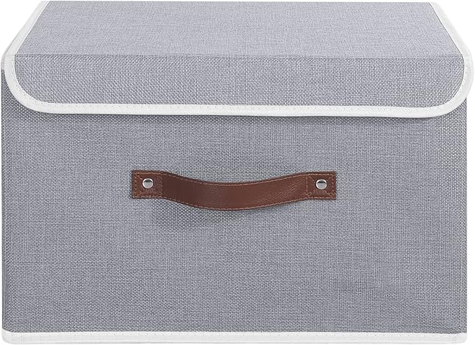 ANMINY Storage Bin with Lid Storage Boxes with PU Leather Handles PP Plastic Board Decorative Foldable Lidded Cotton Linen Fabric Home Cubes Baskets Closet Organizer Container - Gray, Large Size-CubbioJoy