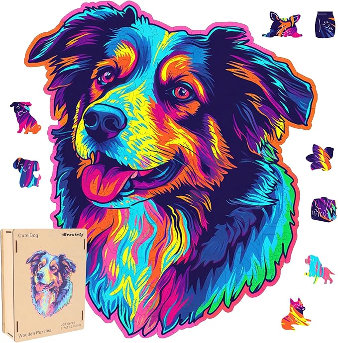 Australian Shepherd Dogs Wooden Puzzle Stained Colorful (9.7 * 11.2in-200pcs) Art Painting Wooden Puzzle for Kids Adults, Birthday Mother's Father's Day Christmas for Dad Mom Son Daughter-CubbioJoy