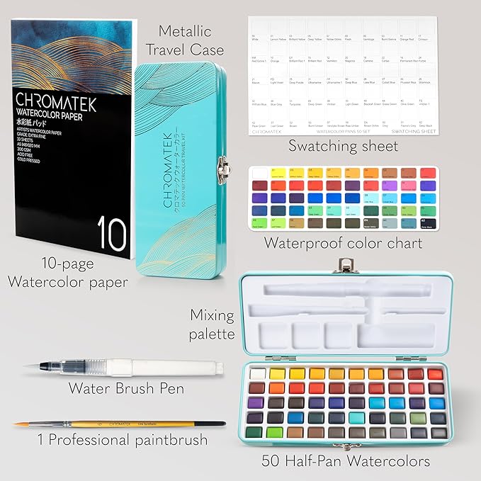 CHROMATEK Watercolor Paint Set – 50 Vivid Colors Including Transparent, Opaque & Pastel – Art Kit with Brush, Water Pen, Palette, Color Chart, Swatch Sheets, Pad & Metal Travel Case-CubbioJoy