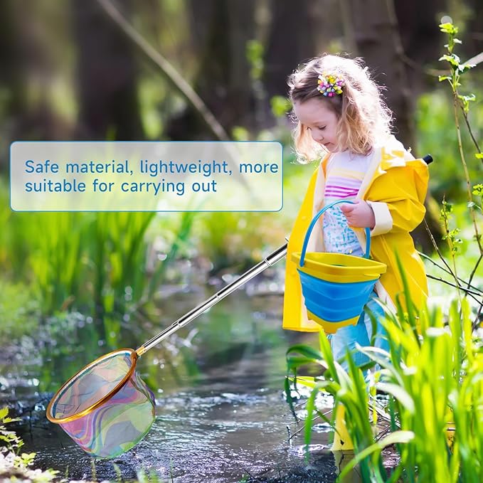 2PCS Fishing Net with Bucket, Telescopic Fishing Landing Net, Collapsible Kids Sand Bucket, Kids Fish Butterfly Catching for Freshwater Saltwater Outdoor Activities-CubbioJoy