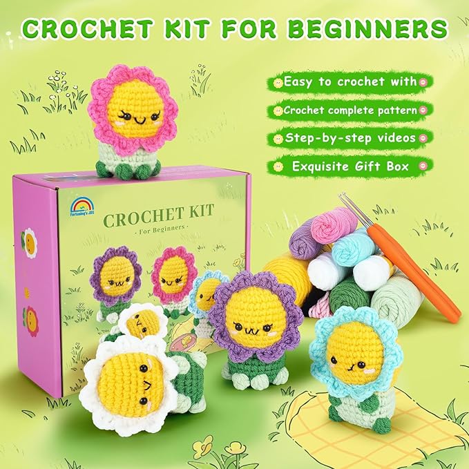 Crochet Kit for Beginners - 4PCS Flowers Complete Crochet Starter Kit with Step-by-Step Video Tutorials, Beginner Crochet Kits for Adults Kids Women, Flower Family Crocheting Set-CubbioJoy