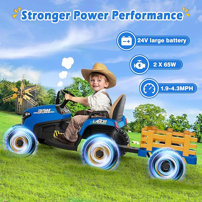 24V Ride On Tractor w/Tiltable & Detachable Trailer, 2x65W Motors, EVA Tires, Remote Control, Bluetooth, Shifter, Music, Electric Car for Kids Ages 2-5, Blue-CubbioJoy