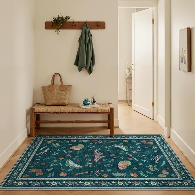 3x5 Washabl Rug with Insect Print - Bug Rug Non-Shedding Stain Resistant Soft Small Carpet for Bedroom, Low Pile Ultra-Thin Machine Washable Carpet for Nursery,Entrance, Office (3'x5' Teal)-CubbioJoy