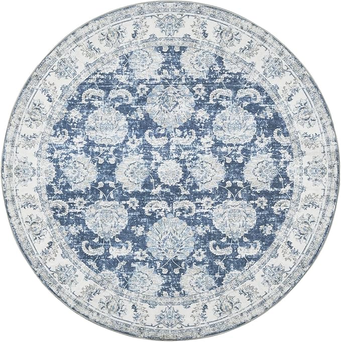 jinchan Round Rug 7ft Area Rug - Dark Blue Vintage Floor Mat Kitchen Indoor Ultra-Thin Soft Floral Print - Washable Circle 7' Retro Accent for Farmhouse Non Slip Dining Room Living Room Bedroom Office-CubbioJoy