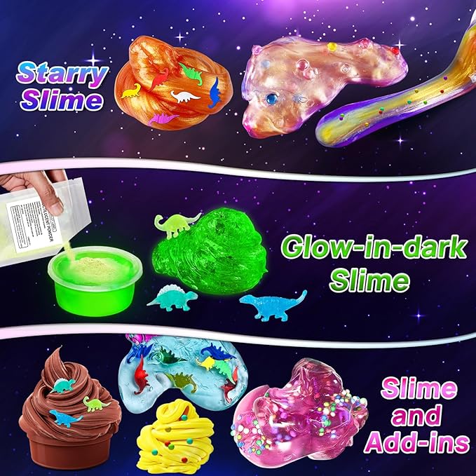 Dinosaur Slime Kit for Girls, Glimmer Crunchy, Galaxy Slime Making Kit for Kids 6-12, Glow in The Dark DIY Slime Kit with Add-ins, Foam Balls, Charms, Glitters, Dinosaur Gift Toys-CubbioJoy