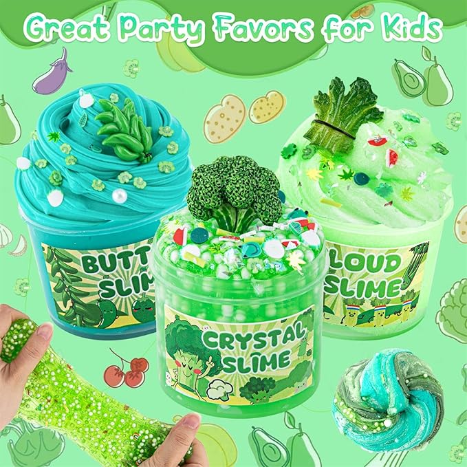 6 Packs Gradient Green Slime Kit - Cloud Butter Clear Slime, Crunchy Slimes for Kids with Various Slime Add-ins, Non Sticky Slimes Party Favors for Girls and Boys-CubbioJoy