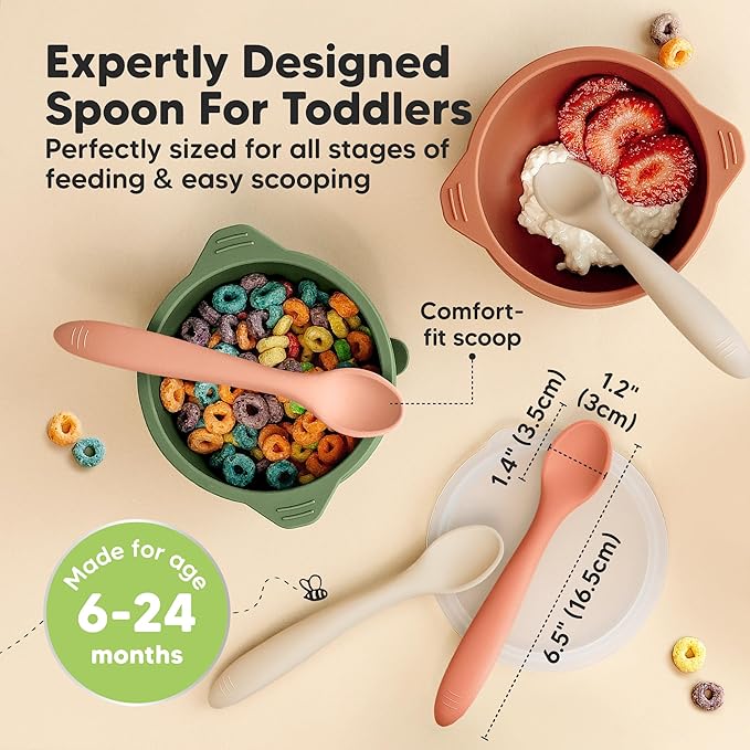 KeaBabies Silicone Baby Spoons, Self Feeding 6-12 months - 3-Pack Baby Weaning Eating Utensils, Toddler First Food Training Spoon, Infant, Kids Feeding Supplies Essential Set,Dishwasher-safe (Roseate)-CubbioJoy