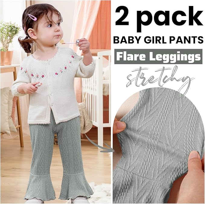 2 Pack Toddler Baby Girl Pants Flare Leggings Ribbed Knit Newborn Bell Bottoms Solid Ruffle Infant Pants for Girls-CubbioJoy