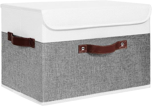 ANMINY Storage Boxes with Lids Washable Decorative Storage Bins Basket with PU Leather Handle Foldable Linen Fabric Storage Cubes Containers for Home Closet Organizer - Gray White, Large Size-CubbioJoy