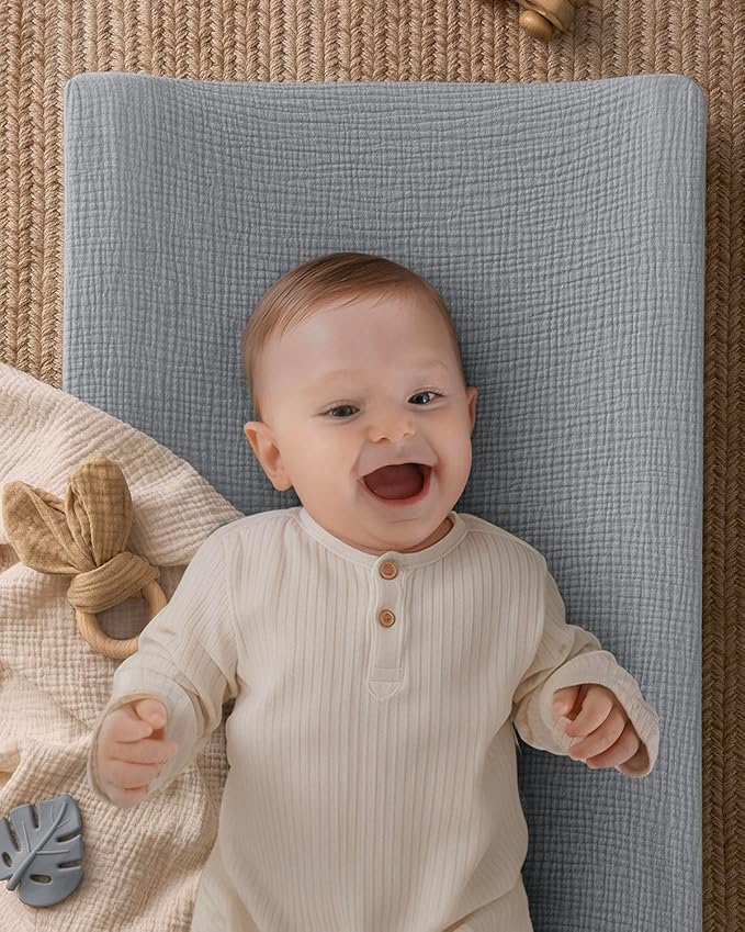 Blissful Diary Muslin Baby Changing Pad with Waterproof Lining Foam, Diaper Changing Table Pad with Cover for Dressers (Gray, Rectangular)-CubbioJoy