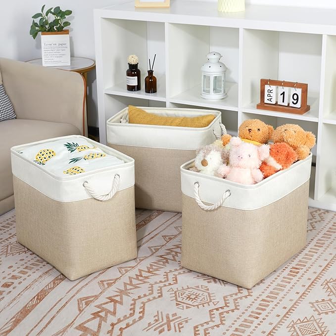 Bidtakay Extra Large Storage Baskets for Organizing 17x12x15.1 inch 3-Pack Fabric Closet Organizers Storage Bins with Handles Foldable Storage Baskets for Shelves Clothes XL-White&Beige-CubbioJoy