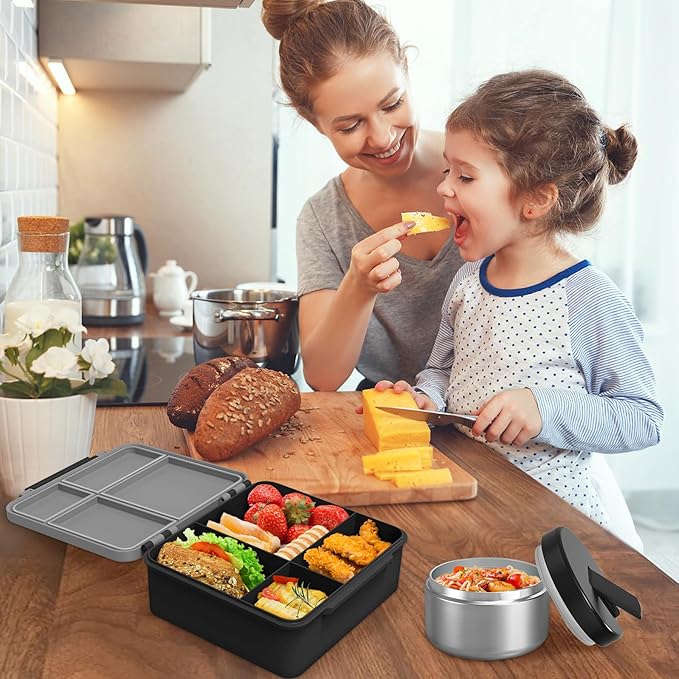 Bento Lunch Box with 8oz Soup Thermo, Kids Leakproof Lunch Food Containers with 4 Compartment, Kids Thermo Insulated Hot Food Jar for School, Trvael (Grey)-CubbioJoy