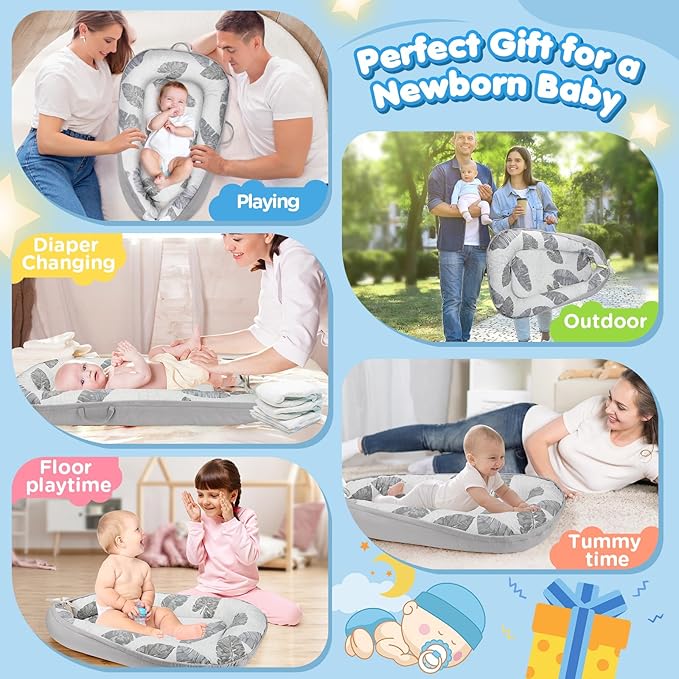 Baby Lounger - Baby Lounger for Newborn 0-24 Months, Breathable and Soft Cotton Cover Baby Nest, Portable Cozy Tummy Time Lounger for Home and Travel, Ideal Baby Essentials & Shower Gifts-CubbioJoy