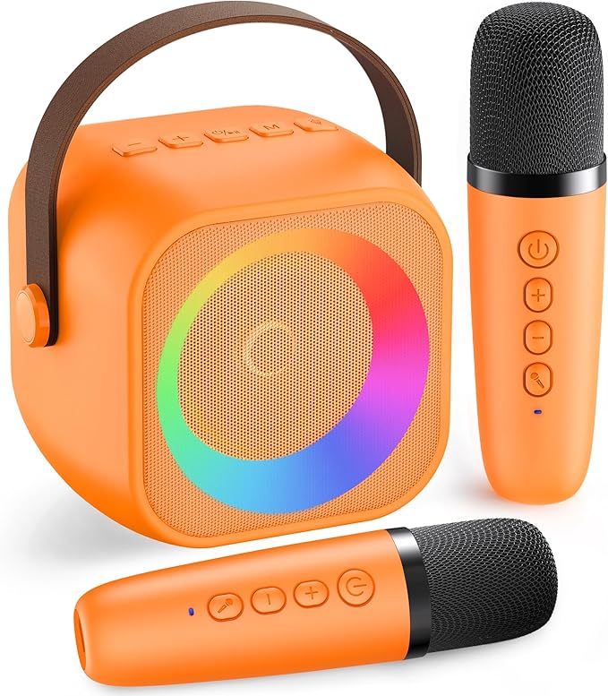 Karaoke Machine for Kids Adults: Mini Portable Karaoke Machine with 2 Wireless Microphones and Lights, Christmas Birthday Gifts for Girls Boys Family Home Party(Orange)-CubbioJoy
