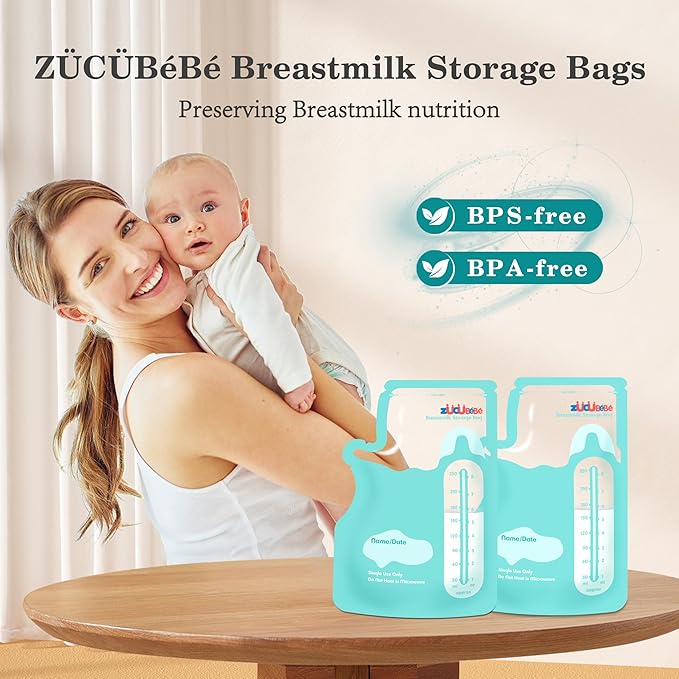 Breastmilk Storage Bags(50 Count)，8oz Milk Storage Bags for Breastfeeding，BPA Free with Easy Pour Spout, Self Standing, for Refrigeration and Freezing Blue-CubbioJoy