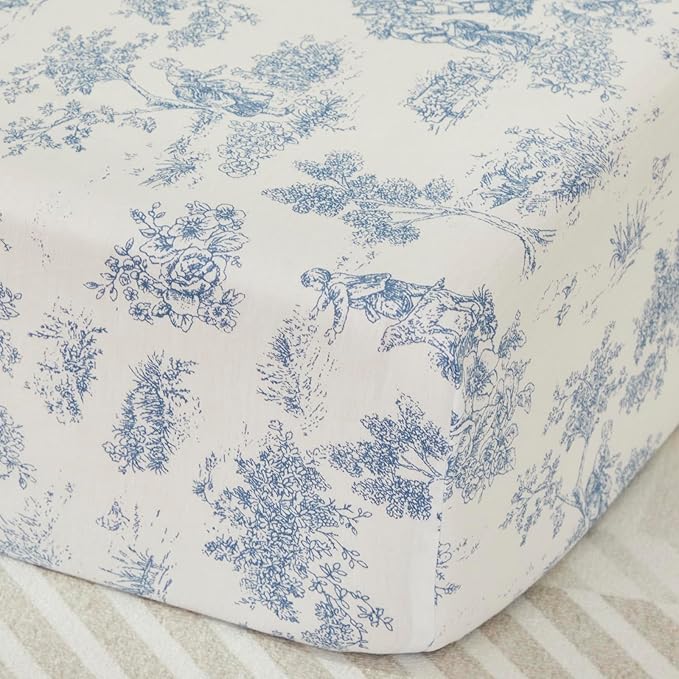 Brandream 3 Pieces French Country Toile Crib Bedding Set for Girls Vintage Blue Toile Floral Print 100% Cotton Baby Girl Nursery Bedding Collection - Ruffles Quilt,Toile Crib Sheet,Crib Bed Skirt-CubbioJoy