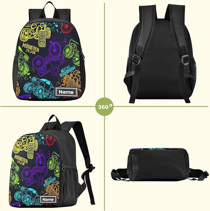 Colorful Monster Truck Toddler Backpack Waterproof Mini Backpack with Name/Text Preschool Backpack Cute Small Backpack Kindergarten Pre School Bags 13 Inch, Medium, Pattern 2-CubbioJoy