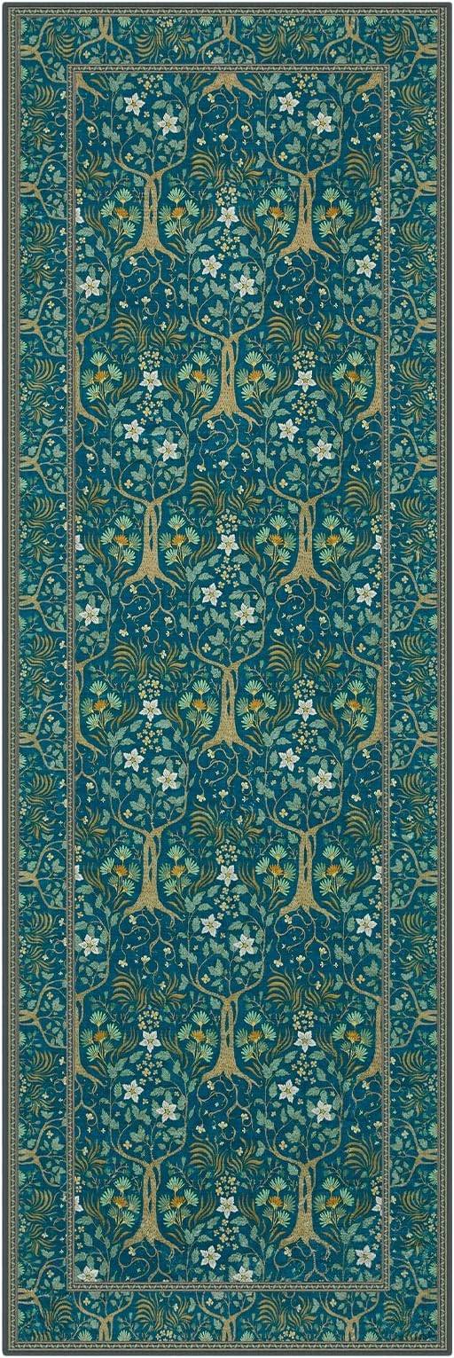 Joydeco Washable 2x6 Rug Runners for Hallways Non Slip, Boho Floral Bathroom Rug Runner, Soft Botanical Forest Indoor Floor Throw Carpet for Kitchen Laundry Room Entryway, Dark Blue-CubbioJoy