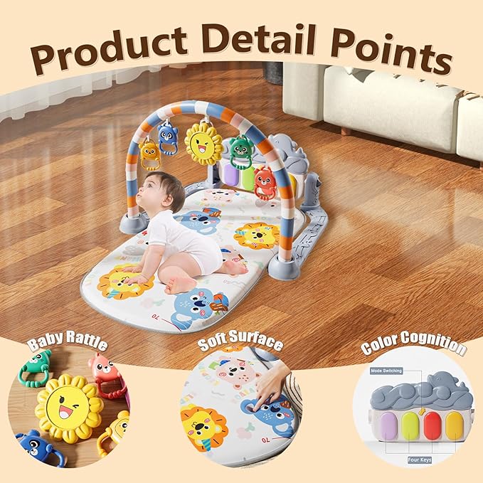 Alive Lovely Baby Gyms Play Mats, Musical Activity Center Baby Piano Gym Mat, Music and Lights Tummy Time Padded Mat for Newborn Newborn 0 to 3 6 9 12 Months-CubbioJoy