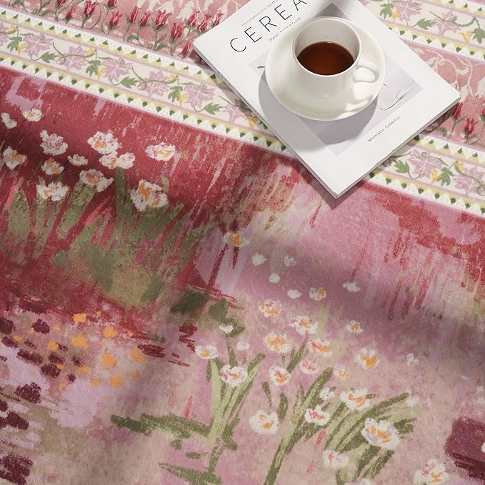 2x3 Rug Impressionist-Style Vintage Indoor Door Mat Machine Washable Small Area Rug Non-Slip Low Pile Throw Rugs for Entryway Kitchen Front Door Indoor Entrance Entry Kids Room, Pink-CubbioJoy