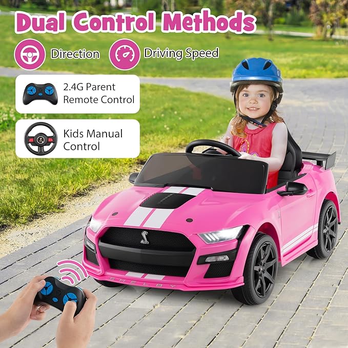 Costzon Ride on Car, 12V Licensed Ford Mustang Shelby GT500 Kids' Electric Vehicles w/Remote Control, USB Port, Radio, Music, Player, High Low Speed & Soft Start, Racing Kids Car for Toddlers (Pink)-CubbioJoy