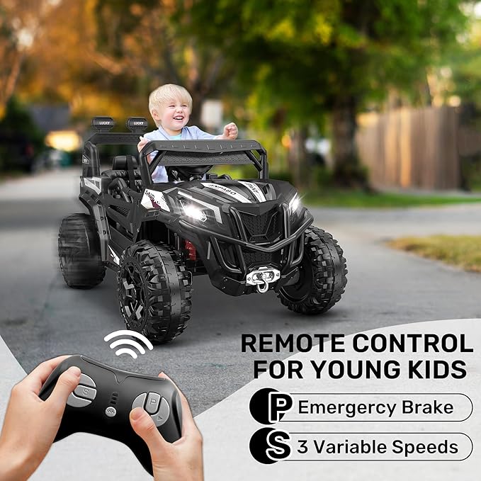 ANPABO 24V 4X4 Ride on Car Truck w/Remote Control, 4WD/2WD Switchable Kids UTV, 19" Spacious Seat, 4 Shock Absorbers, Soft Start, Music Player, Electric Car for Kids Ages 3+(Black-CubbioJoy