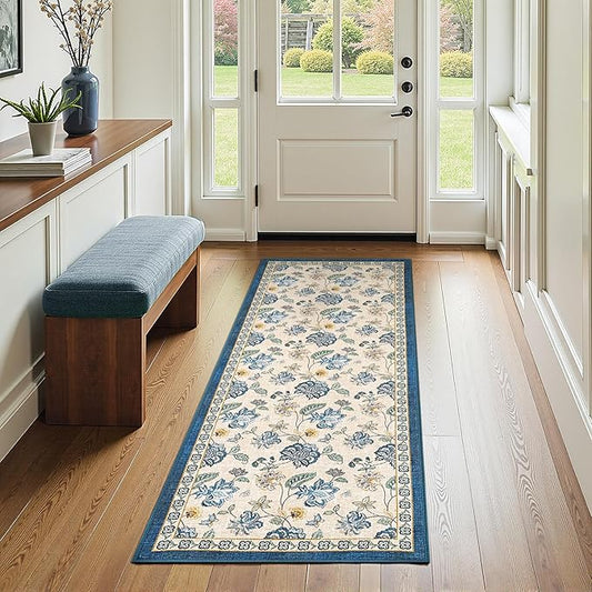 jinchan 2x5 Floral Runner Rug for Hallway Washable Kitchen Runner Vintage Romance Design Non Slip Thin Indoor Floor Cover Low-Profile Throw Carpet for Entryway Bathroom Bedroom Porch, Blue/Beige-CubbioJoy