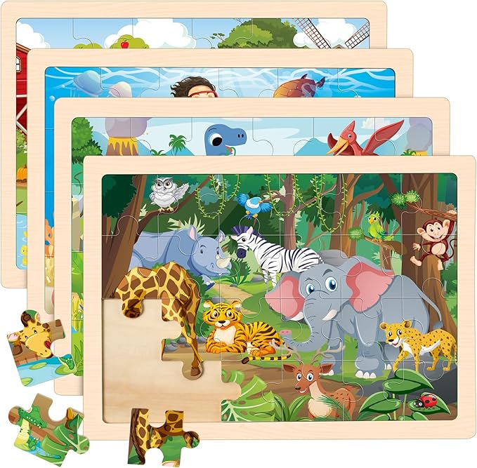 4 Packs Puzzles for Kids Ages 4-6, Wooden Animals Jigsaw Puzzles for Toddlers Ages 2-4, Preschool Educational Puzzles Boards Toys Gifts for 3 4 5 6 Boys Girls-CubbioJoy