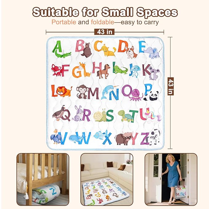 Baby Play Mat, 43x43 Mat with Super Soft Touch, Activity Mat with Upgraded Anti-Slip Bottom, Machine Washable Crawling Mat for Floor & Picnic(Animal Alphabets)-CubbioJoy