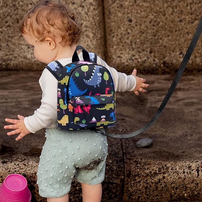 Accmor Toddler Backpack Leash with Anti Lost Wrist Link, Cute Mini Child Walking Harnesses Keep Kids Close Back Pack Rope Tether Rein for Baby Boys (Black/Dino)-CubbioJoy