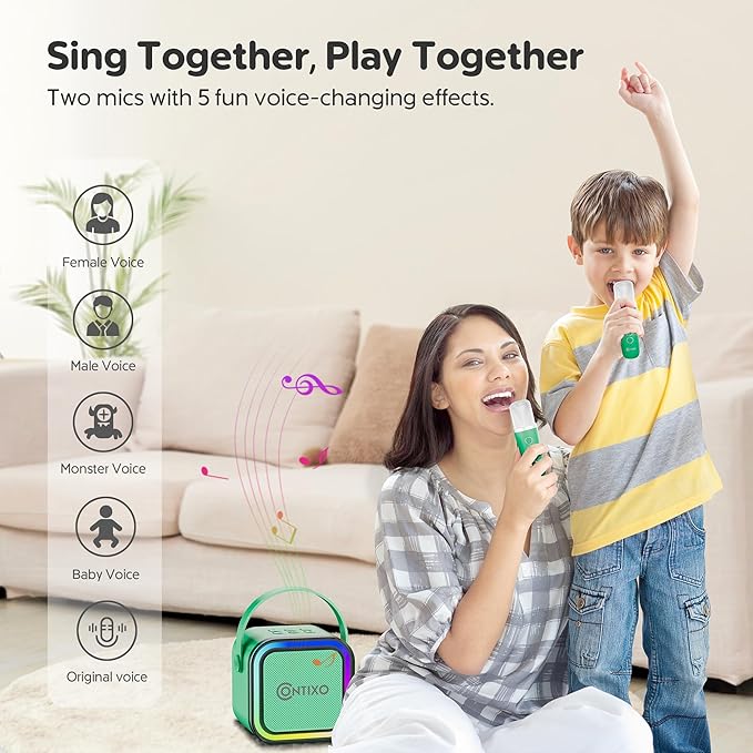 Contixo KS1A Kids Mini Karaoke Machine with LED Lights, 7–10H Playback, Dual Wireless Mics, Magic Voice Effects, Bluetooth Speaker for Children, Portable Singing Toy Gift for Boys & Girls, Green-CubbioJoy