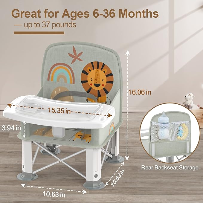 Baby Travel Booster Seat with Double Tray, BabyBond Upgraded Toddler Portable Baby Chair, Booster Seat for Dining Table, Stable and Foldable Booster Baby Chair for Indoor/Outdoor (Grey Lion)-CubbioJoy