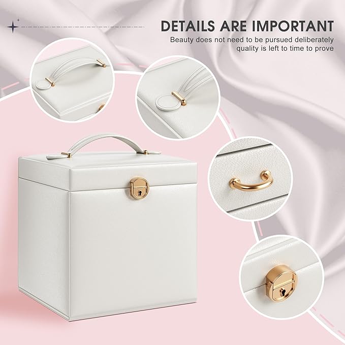 5-Layer Jewelry Box with 4 Drawers, Huge Portable Jewelry Organizer with Lock and Mirror for Women, for Necklace Ring Earring Bracelet Storage, Lockable Jewelry Case, White-CubbioJoy