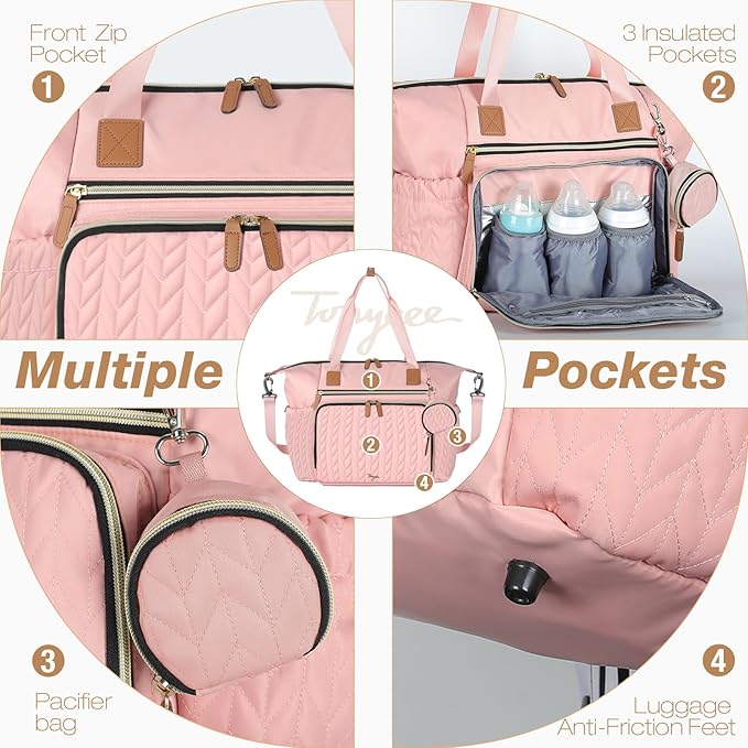 Diaper Bag Tote, Large Diaper Bags Waterproof, Hospital Bag for Labor Delivery, Baby Bag with Pacifier Case, Travel Diaper Tote with Changing Pad, Pink-CubbioJoy
