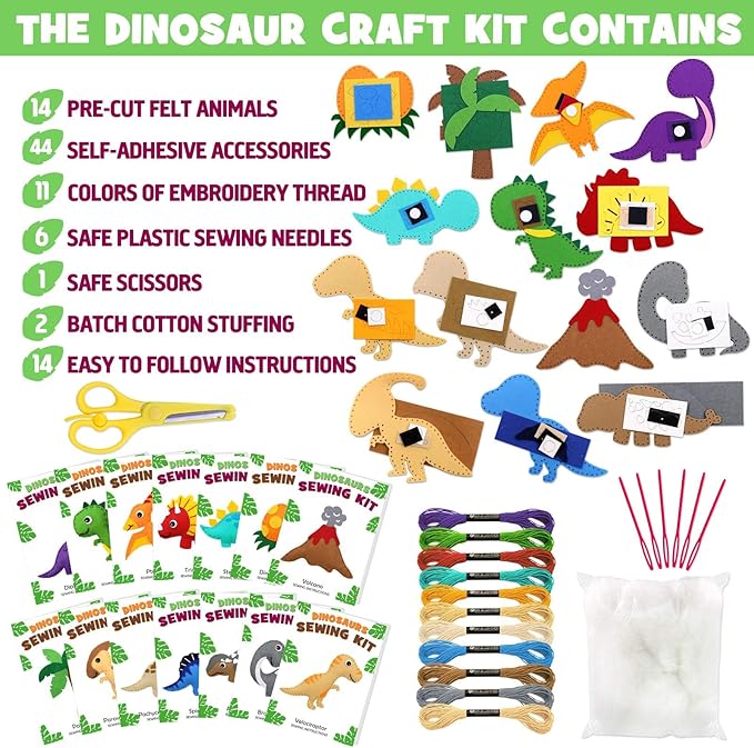 CiyvoLyeen Dinosaur Sewing Craft Kit DIY Kids Craft and Sew Set for Girls and Boys Educational Beginners Sewing Stuffed Animal Felt Plush Ornaments Set of 14 Sewing Kits for Kids Age 8 9 10 11 12-CubbioJoy