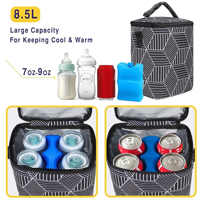 Breastmilk Cooler Bag with Ice Pack Fits 4 Baby Bottles Up to 9 Ounce Insulated Baby Bottle Bag Breast Milk Cooler on The Go with Strap Baby Bottle Cooler Bag for Nursing Mom Daycare or Travel-CubbioJoy