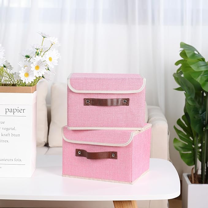 ANMINY 2PCS Storage Bins with Lid PU Leather Handles Storage Boxes PP Plastic Board Decorative Foldable Lidded Cotton Linen Fabric Home Cubes Baskets Closet Organizer Containers - Pink, Small Size-CubbioJoy
