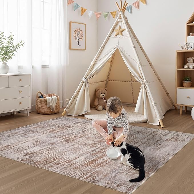 Area Rug for Living Room: 4x6 Washable Neutral Abstract Modern Soft Rugs Non Slip Indoor Floor Stain Resistant Carpet for Bedroom Dining Room Office Nursery - Red Brown-CubbioJoy