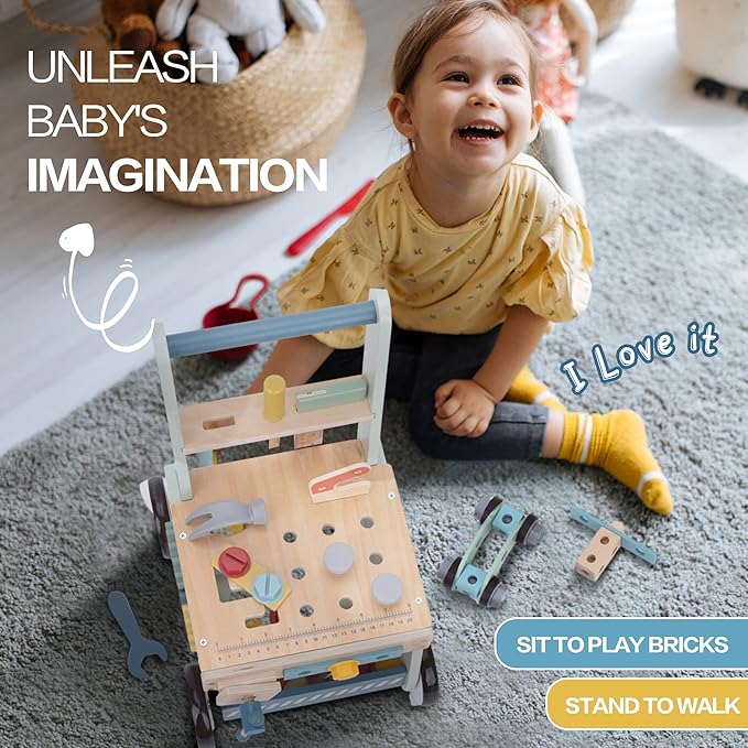 2-in-1 Baby Push Walker - Wooden Push Walker and Tool Toy for Babies - Toddler Learning Activity Walker for Girls Boys 1-3 Years - Educational and Sturdy Construction-CubbioJoy