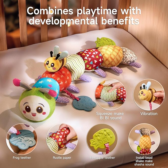TUMAMA Baby Toys for 0, 3, 6, 9, 12 Months,Caterpillar Sensory Toys,Infant Baby Stuffed Animal Activity Soft Toys with Teether, Tummy Time Sensory Toys,Newborn Infant Sensory Toys Birthday Gifts-CubbioJoy