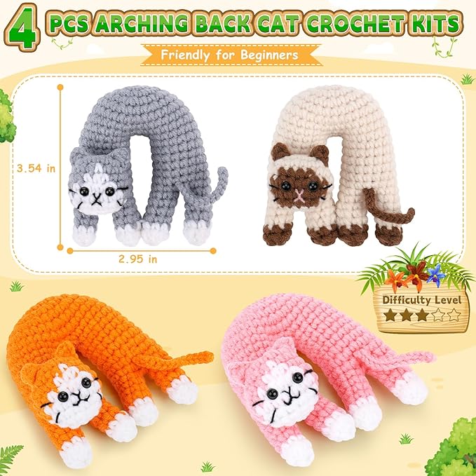 Crochet Kit for Beginners, 4 Pack Funny Cat Crochet Kits, Animal Starter Crochet Kit with Step-by-Step Video Tutorials, Easy DIY Cat Craft for Adults & Kids, Novelty Gift for Crochet Lovers-CubbioJoy