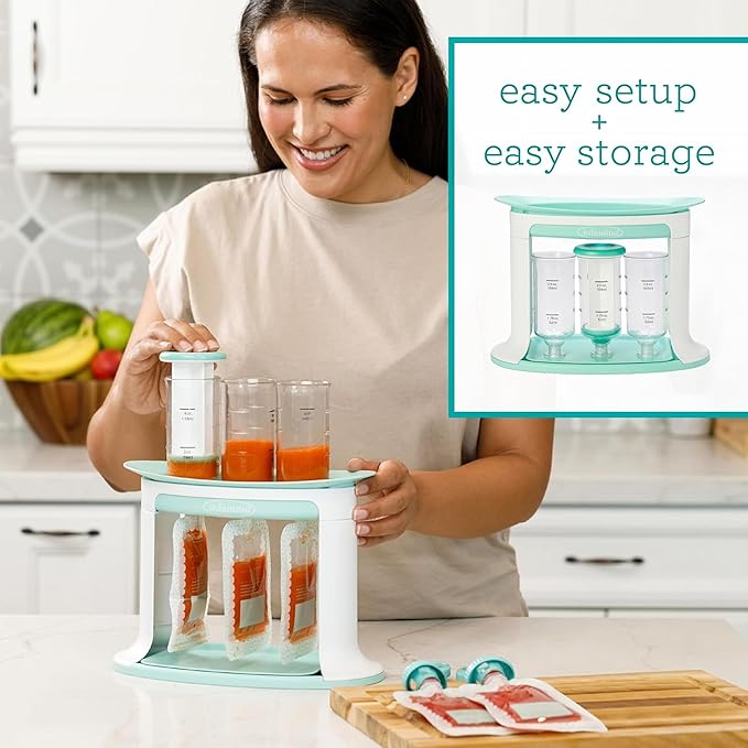 Infantino Squeeze Station, Baby Food Maker & Pouch Filler, Fill 3 Reusable Pouches at Once, Easy to Use, Dishwasher Safe, Homemade Baby Food Prep Essential, Teal-CubbioJoy